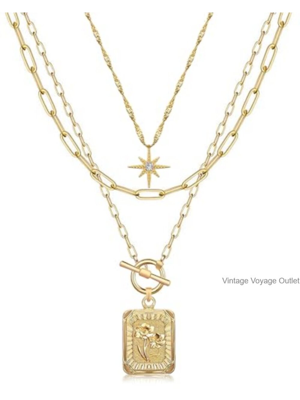 Layered Birth Flower Necklace Set 14K Gold Plated Brass Paperclip Chain Choker